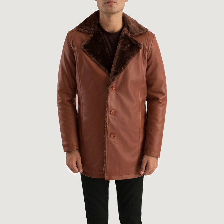 Mens Cinnamon Brown Leather Fur Coat Close Front-5-1701087369247